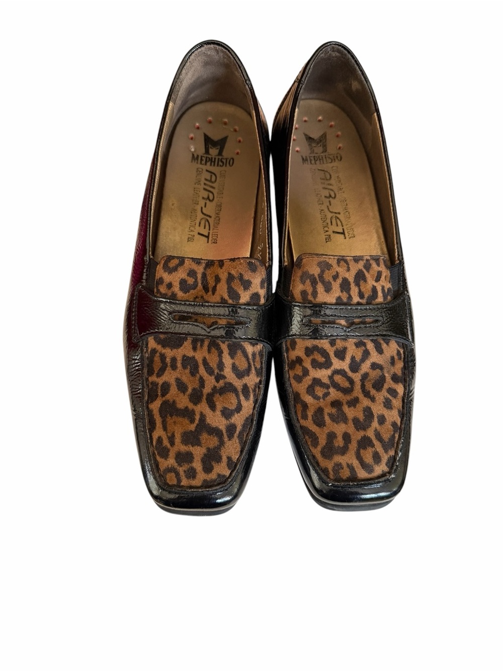 Mephisto Air Jet Black Patent Leopard Print Penny Wedge Loafer Shoes Women's 7.5